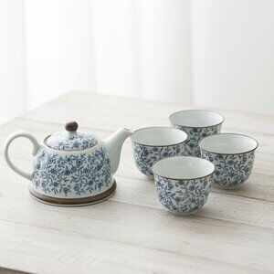 Vintage Japanese Arita Ware - Old Kiln Blue & White Porcelain Tea Pot 4 Mug Set